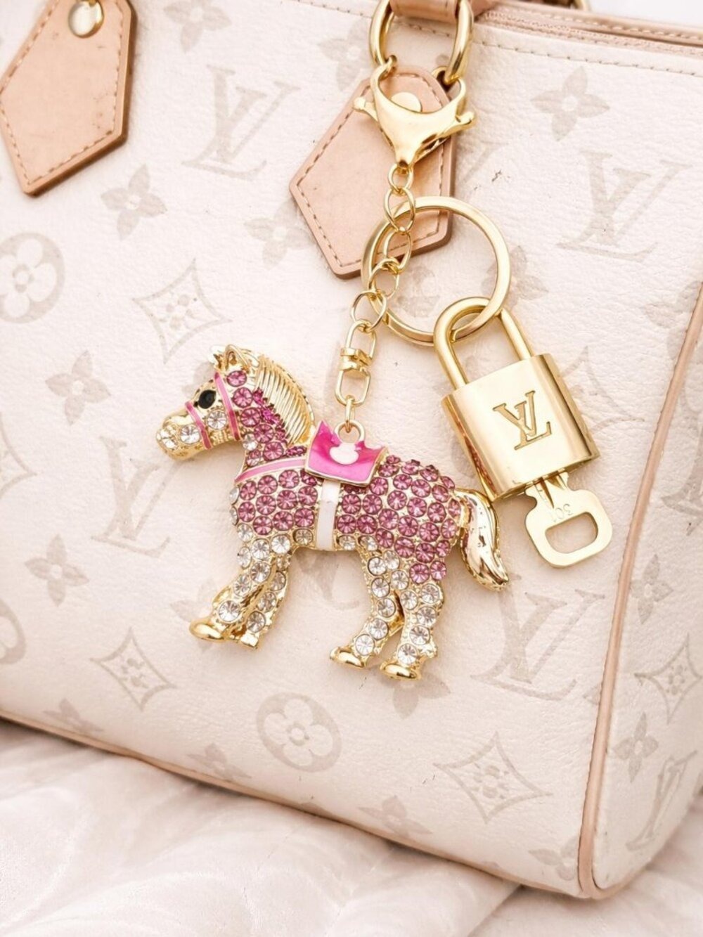 Authentic LV Gold Padlock & Key Set ✨Luxury Bag Charm w/Unbranded Horse Keychain